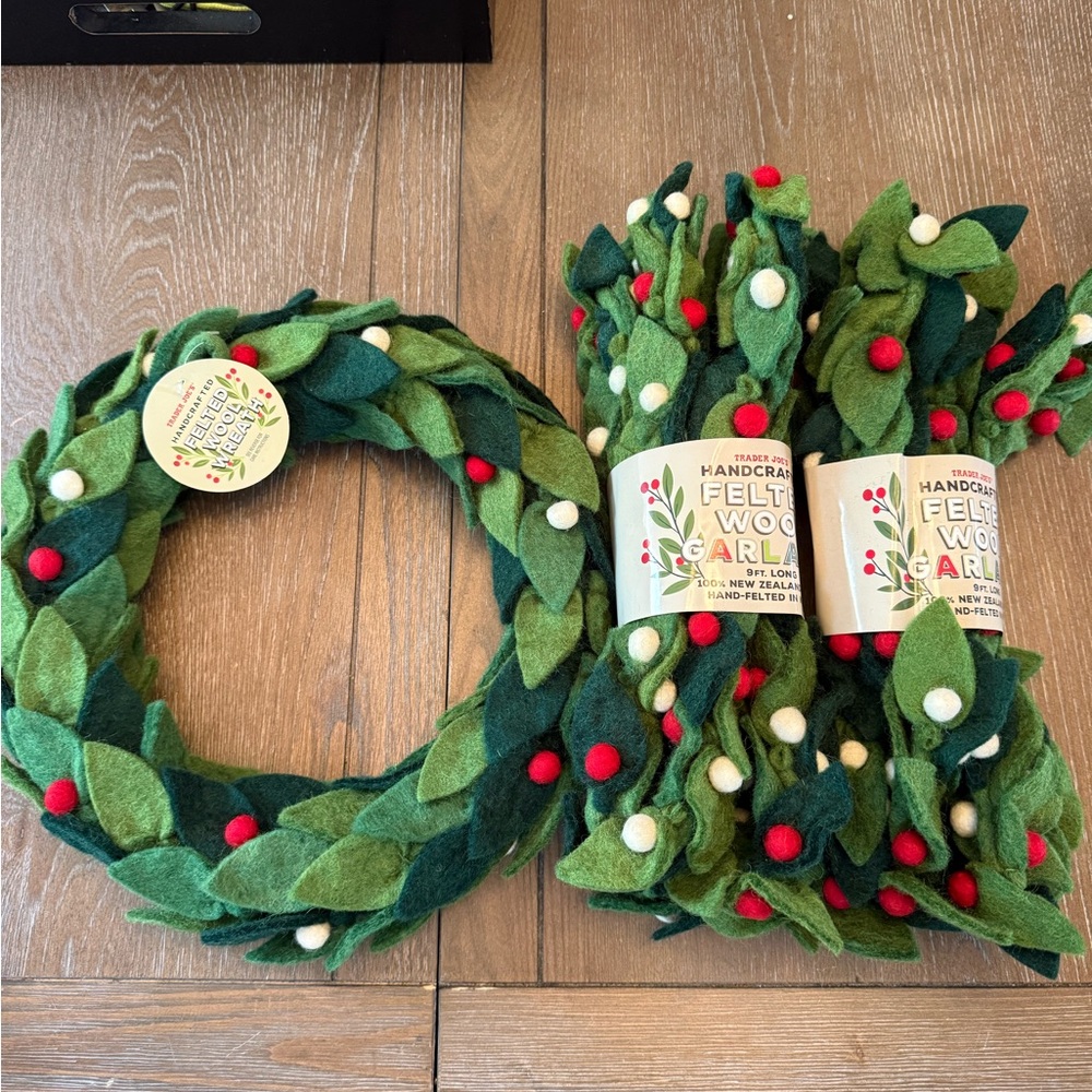 Trader Joes felted wool wreath and 2 pack of 9’ garland